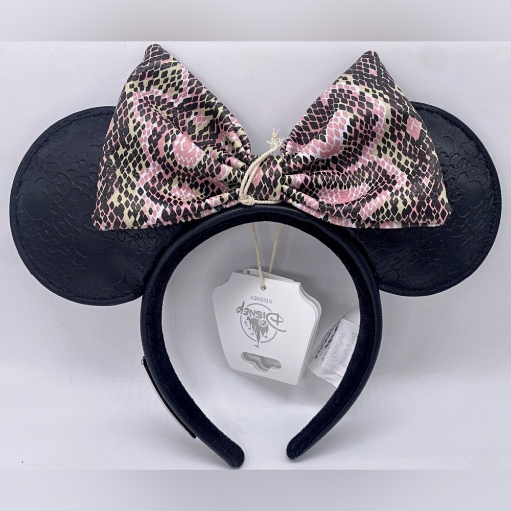 Loungefly Minnie Mouse Ear Headband with Pink Snake-Print Bow Small NWT